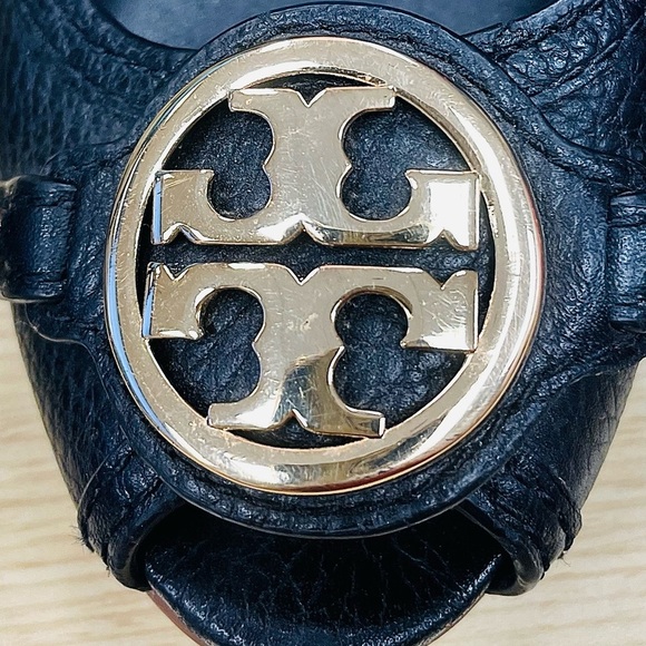 Tory Burch Leticia Black Pebbled Leather Peep-Toe Wedge Wooden Stack Heel Shoes - Picture 4 of 8